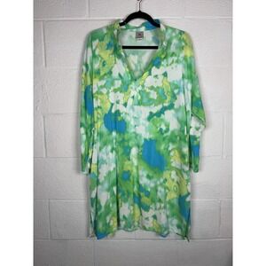 Natori Abstract Watercolor Tunic Top XL Blue Green Rayon Resort Cover Up Dress
